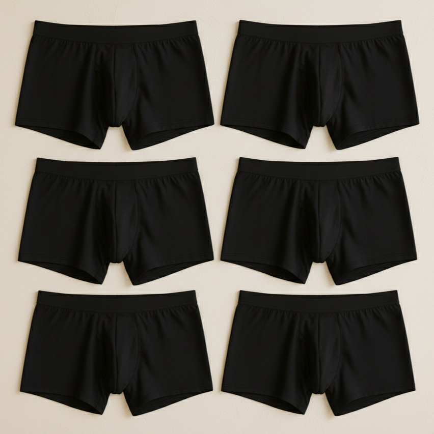 Six pairs of black boxer briefs arranged in two rows on a beige background