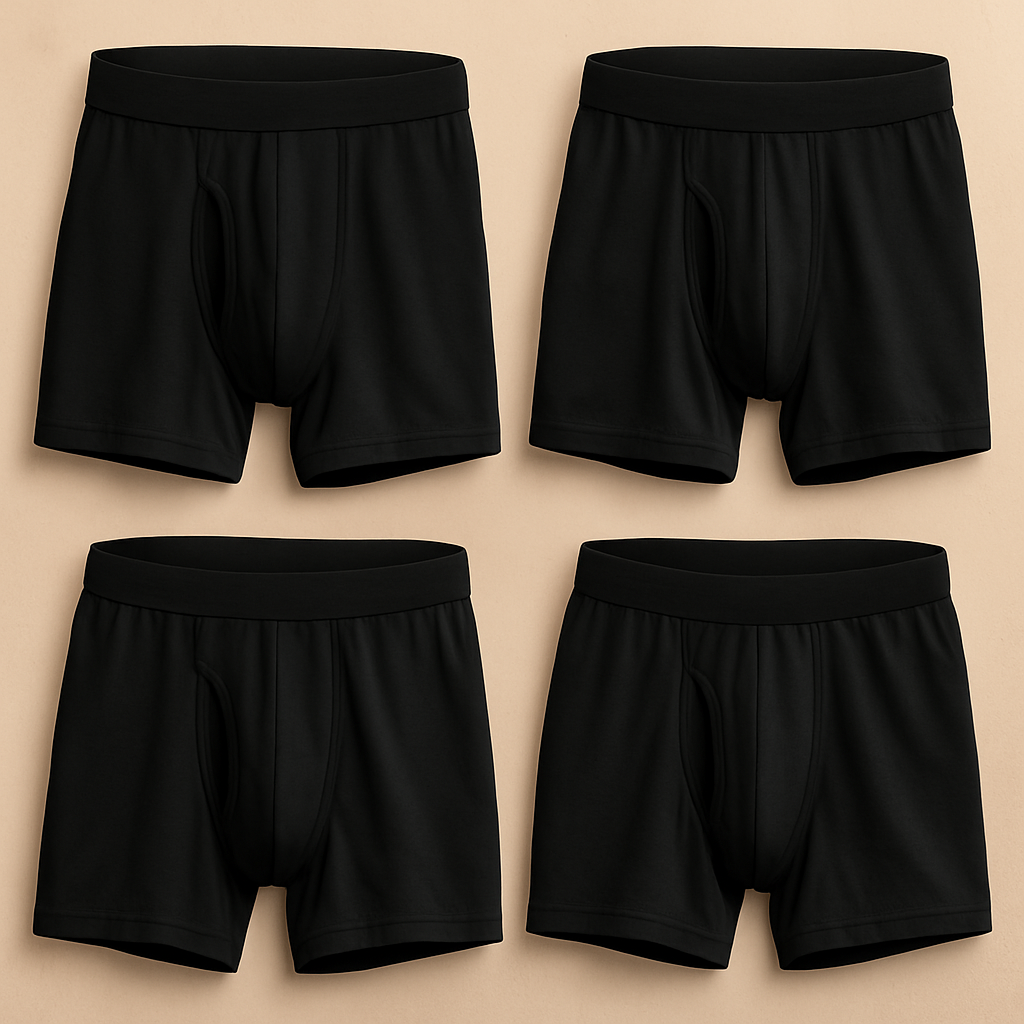 Four pairs of black boxer briefs on a beige background